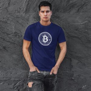 camiseta azul marinho premium logo bitcoin branca