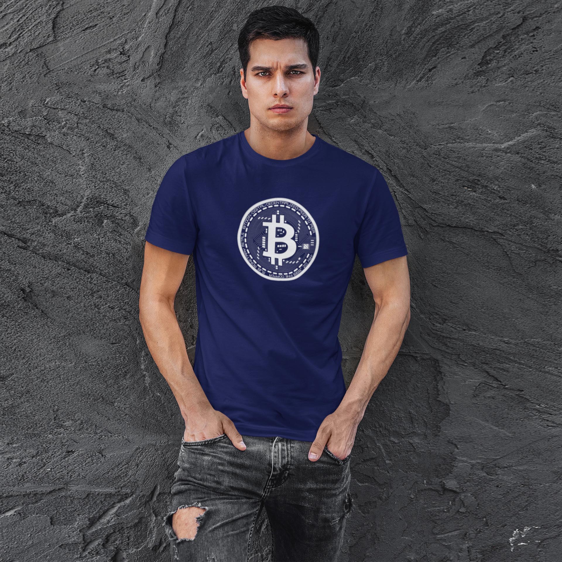 camiseta azul marinho premium logo bitcoin branca