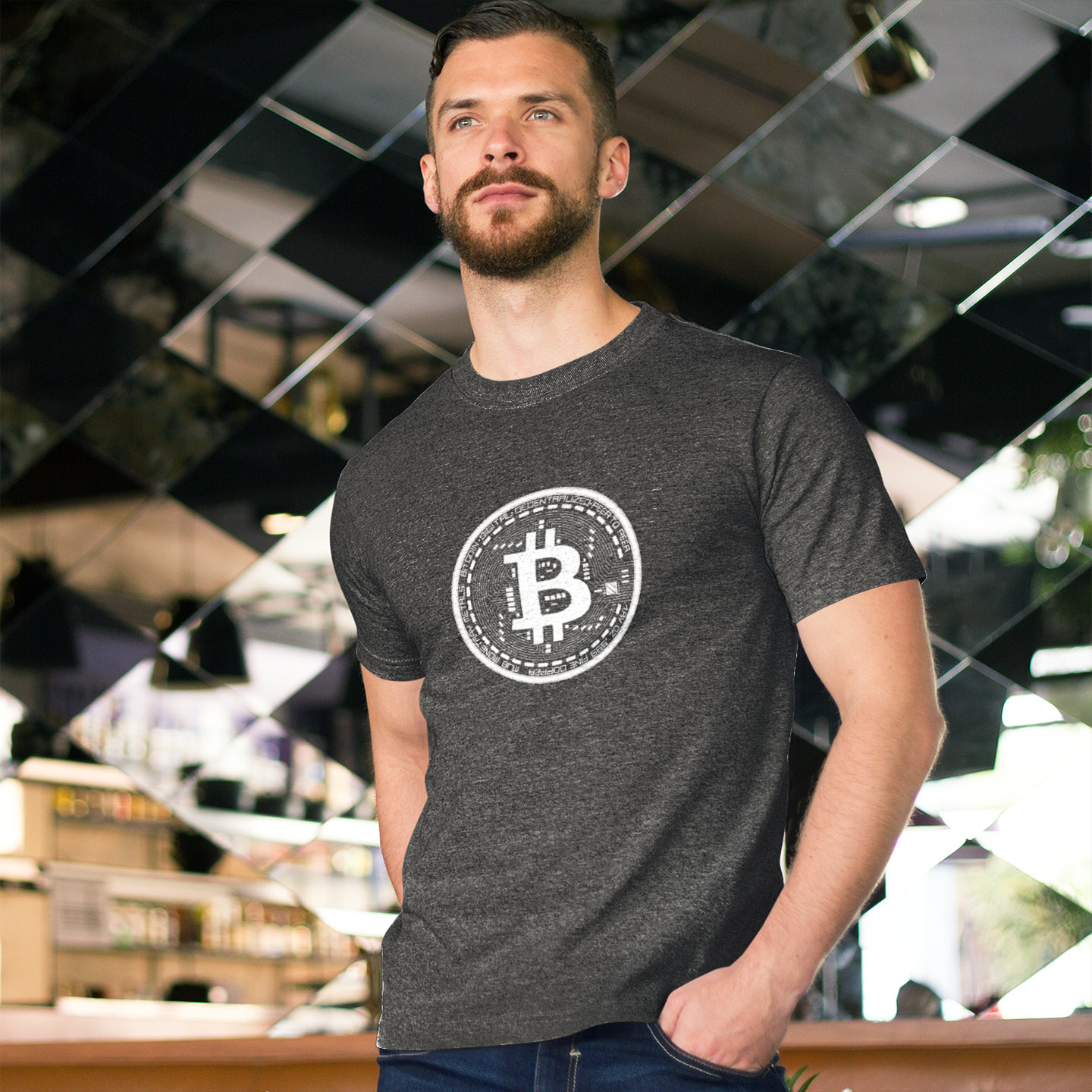 camiseta cinza mescla chumbo simbolo btc bitcoin branco