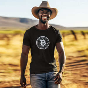 camiseta preta premium algodão logo bitcoin branca